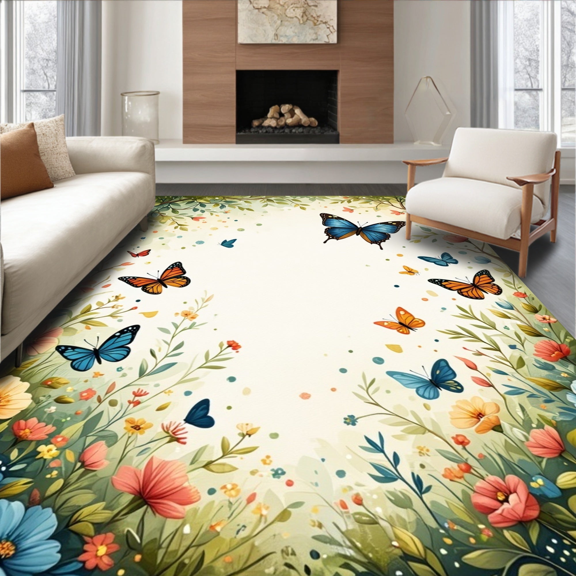 Whimsical Butterfly Garden Nature Print Rug