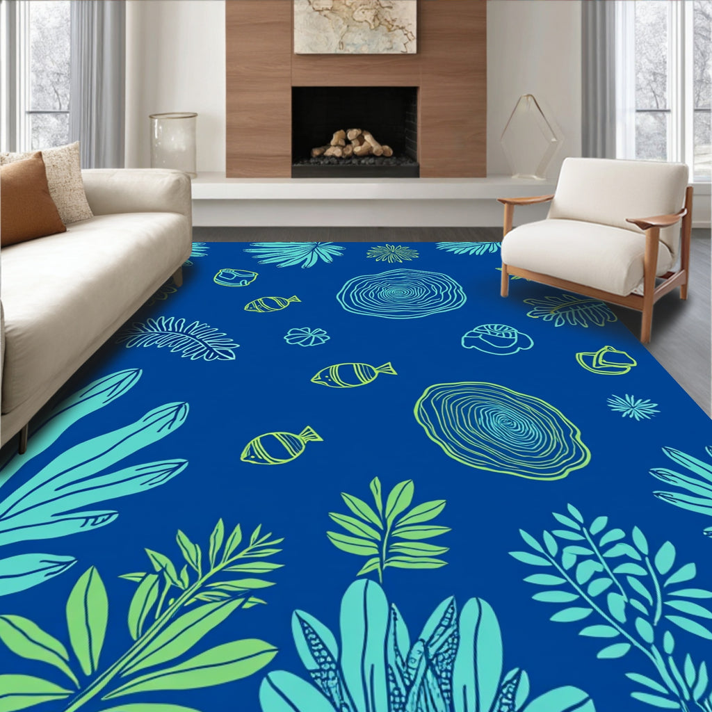 Oceanic Tropical Leaf Fish Motif Rug