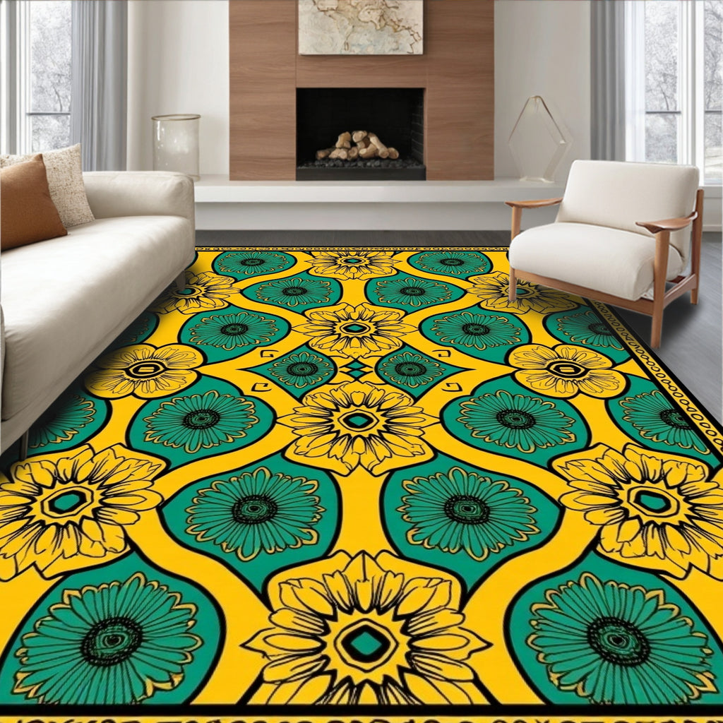 Bold Floral Yellow Emerald Pattern Rug