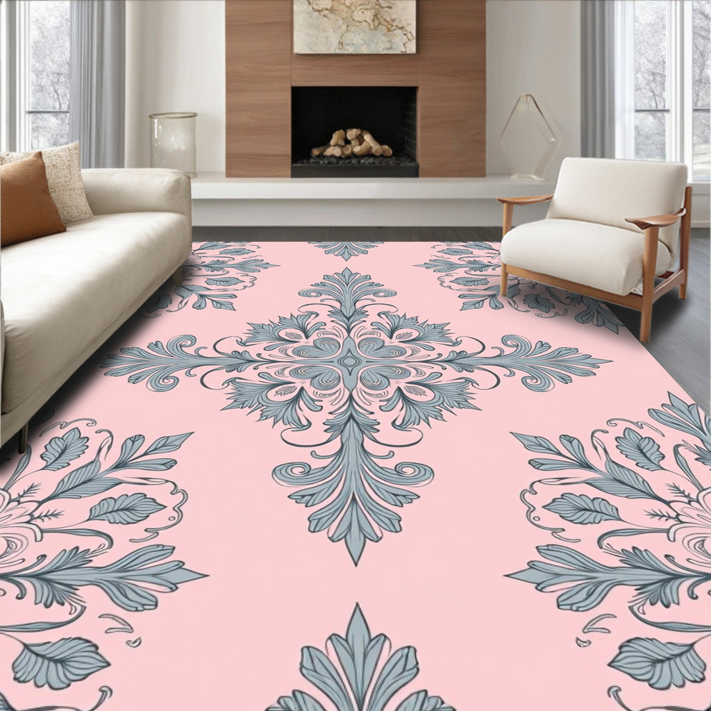 Floral Ornament Patterned Pink Grey Rug