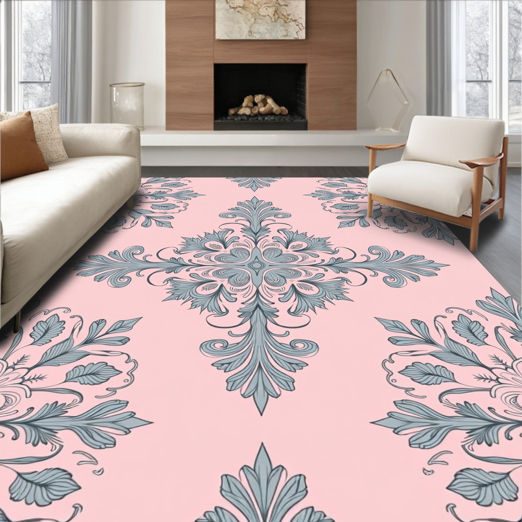 Floral Ornament Patterned Pink Grey Rug