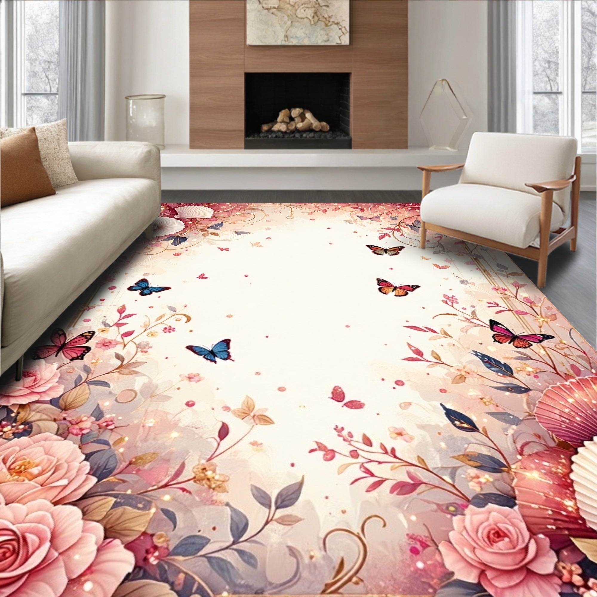 Whimsical Floral Butterflies Design Rug
