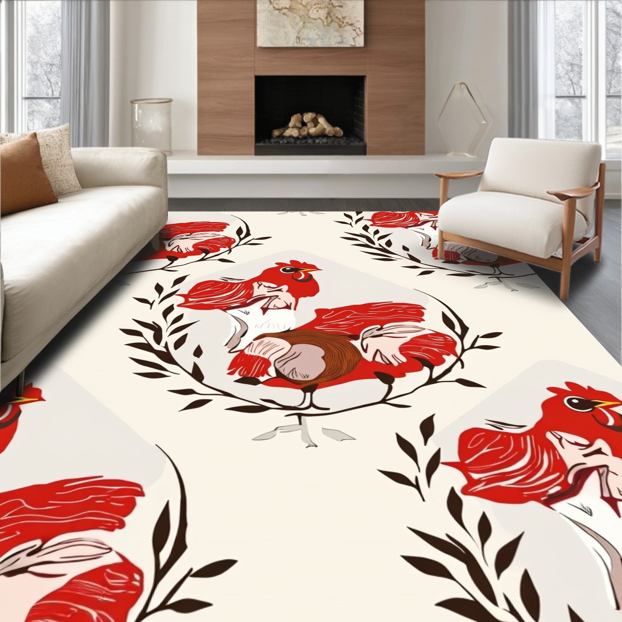 Fowl Floral Artistry in Red Rug