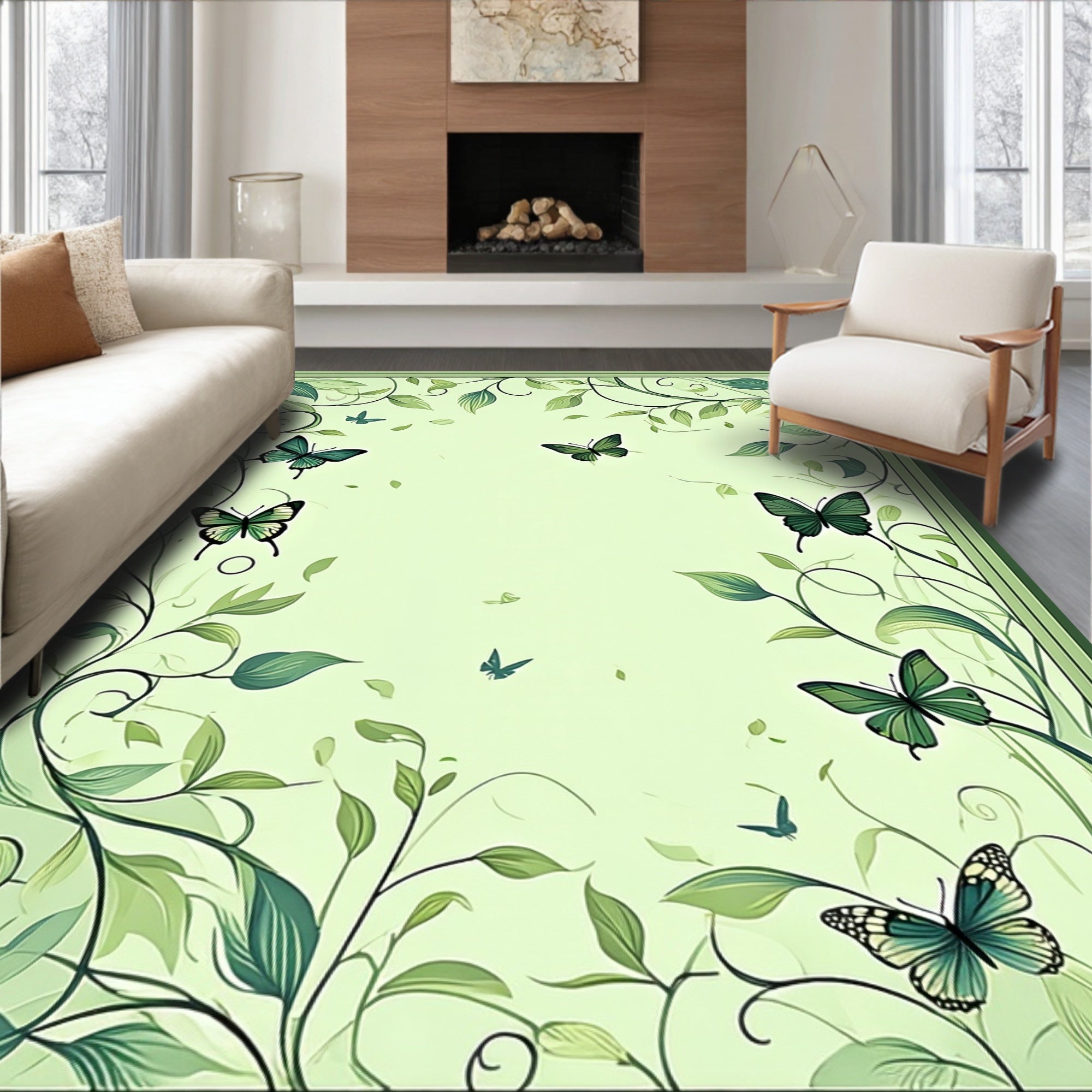 Verdant Butterfly Garden Scrollwork Rug