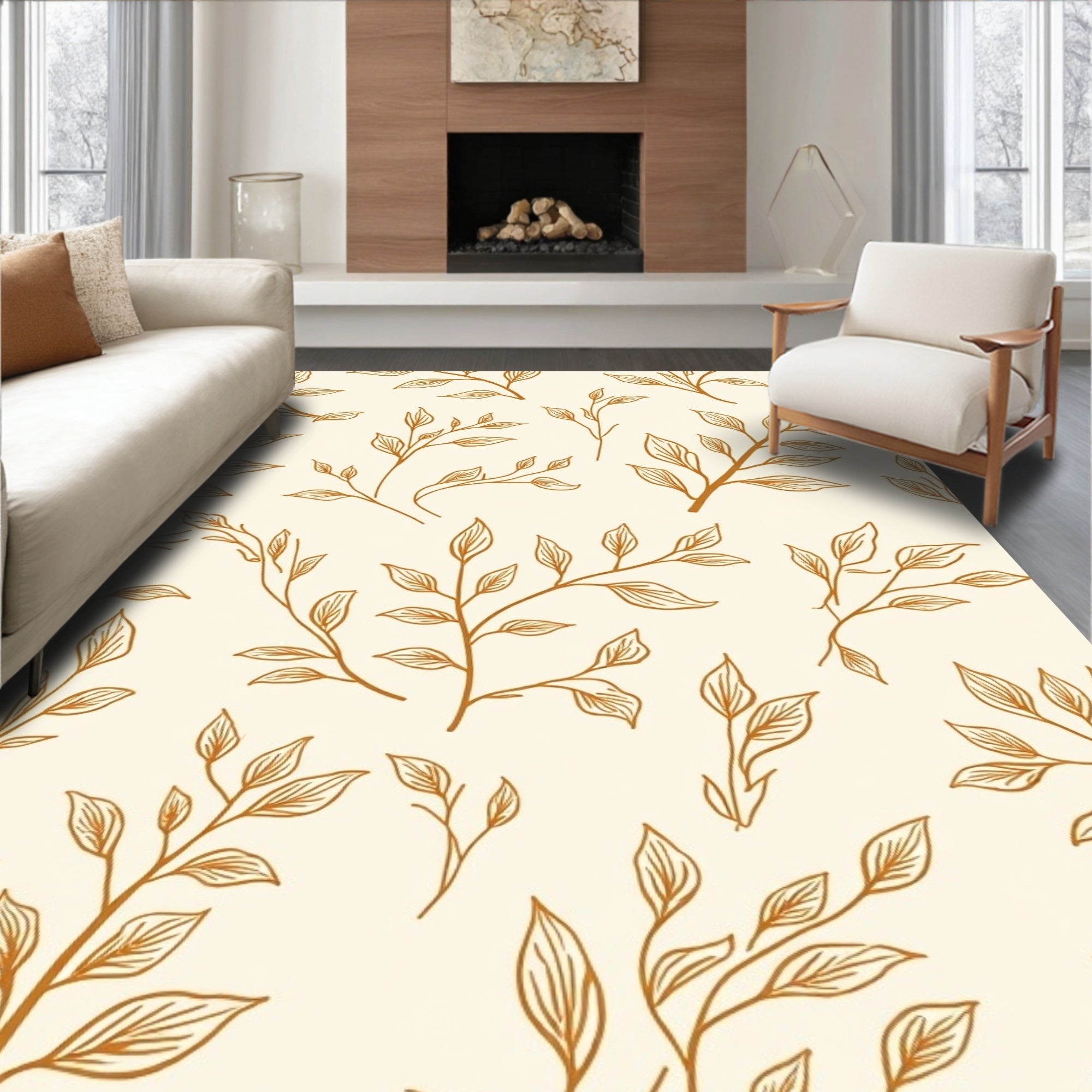 Golden Branches With Outline Leaves Rug