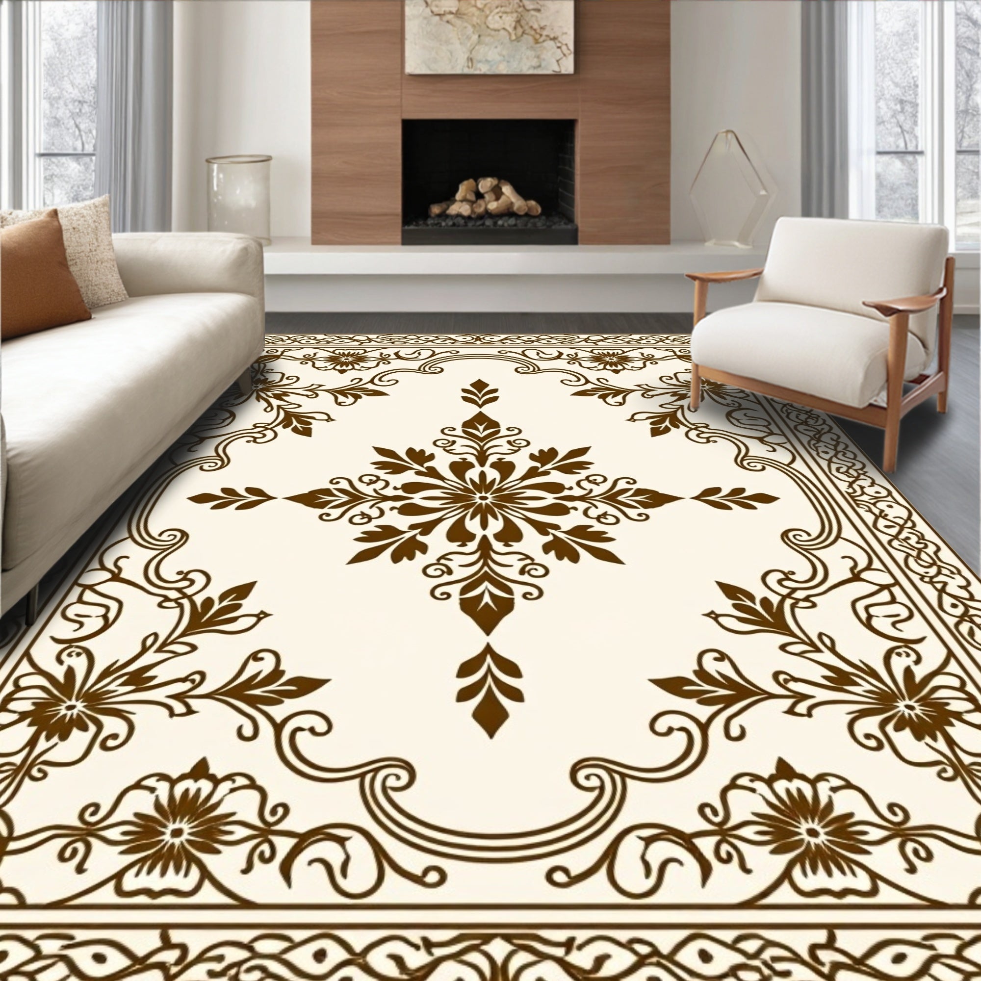 Elegant Brown Floral Scrollwork Pattern Rug