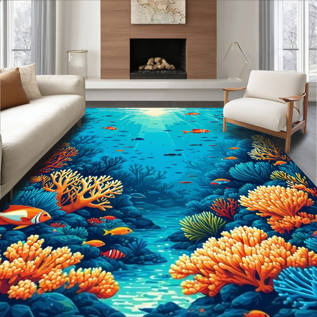 Vibrant Coral Reef Fish Scene Rug Design Rug