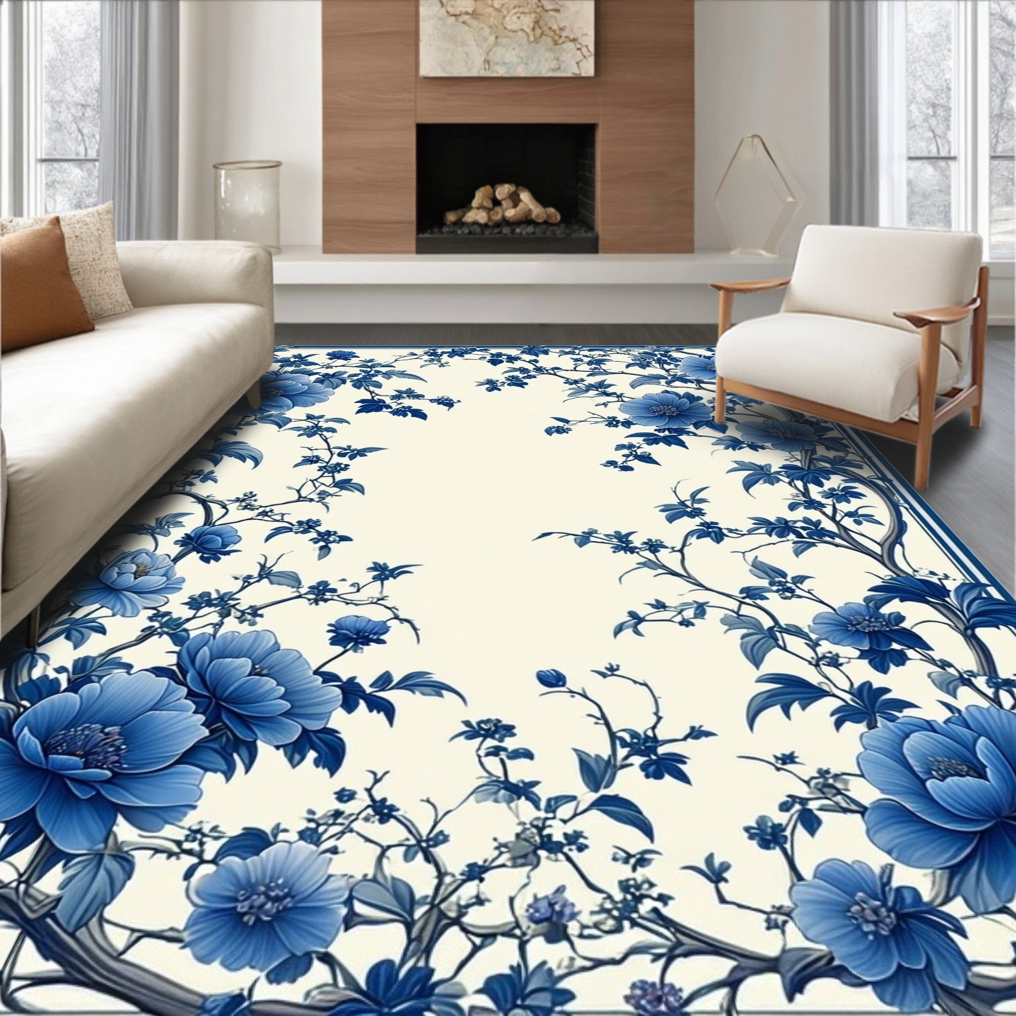 Blue Floral Vine Pattern Rug