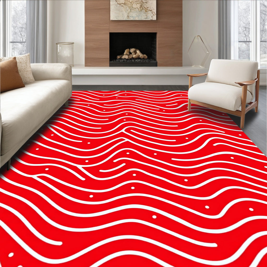 Crimson Wavy Lines with Dots Rug