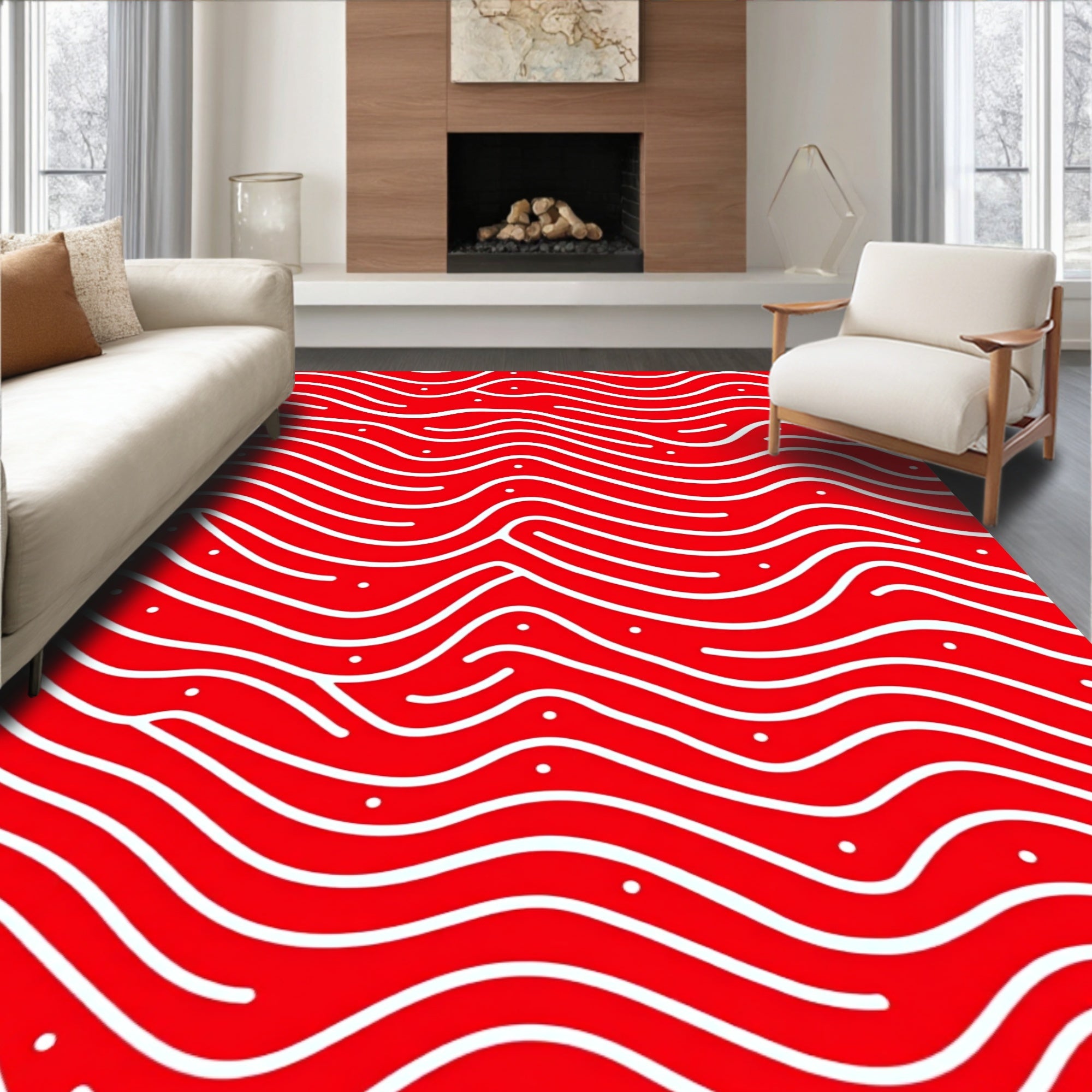 Crimson Wavy Lines with Dots Rug