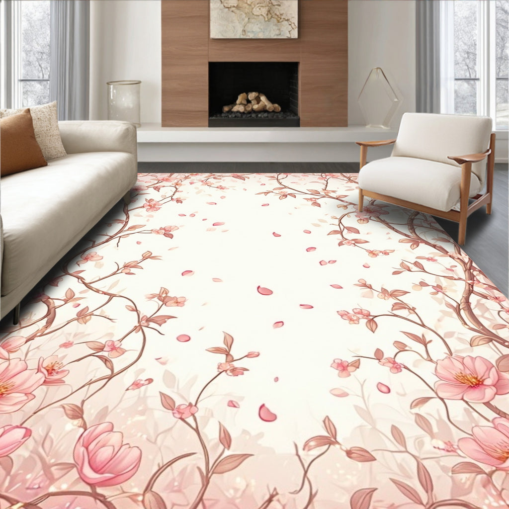 Delicate Pink Blossom Branch Pattern Rug