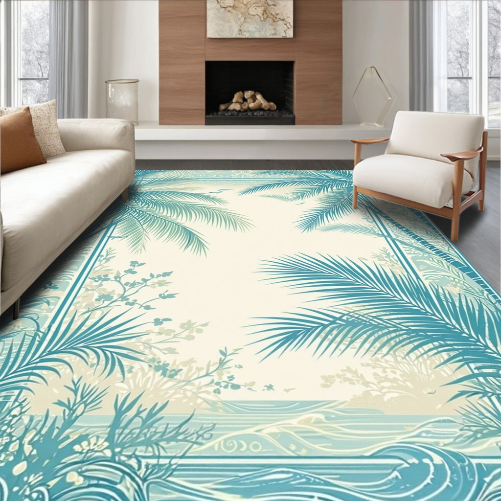 Tropical Palm Leaf Coastal Scene Rug