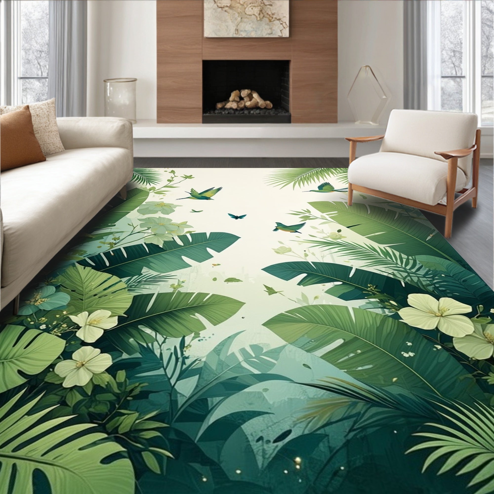 Lush Greenery Hummingbird Butterfly Garden Rug