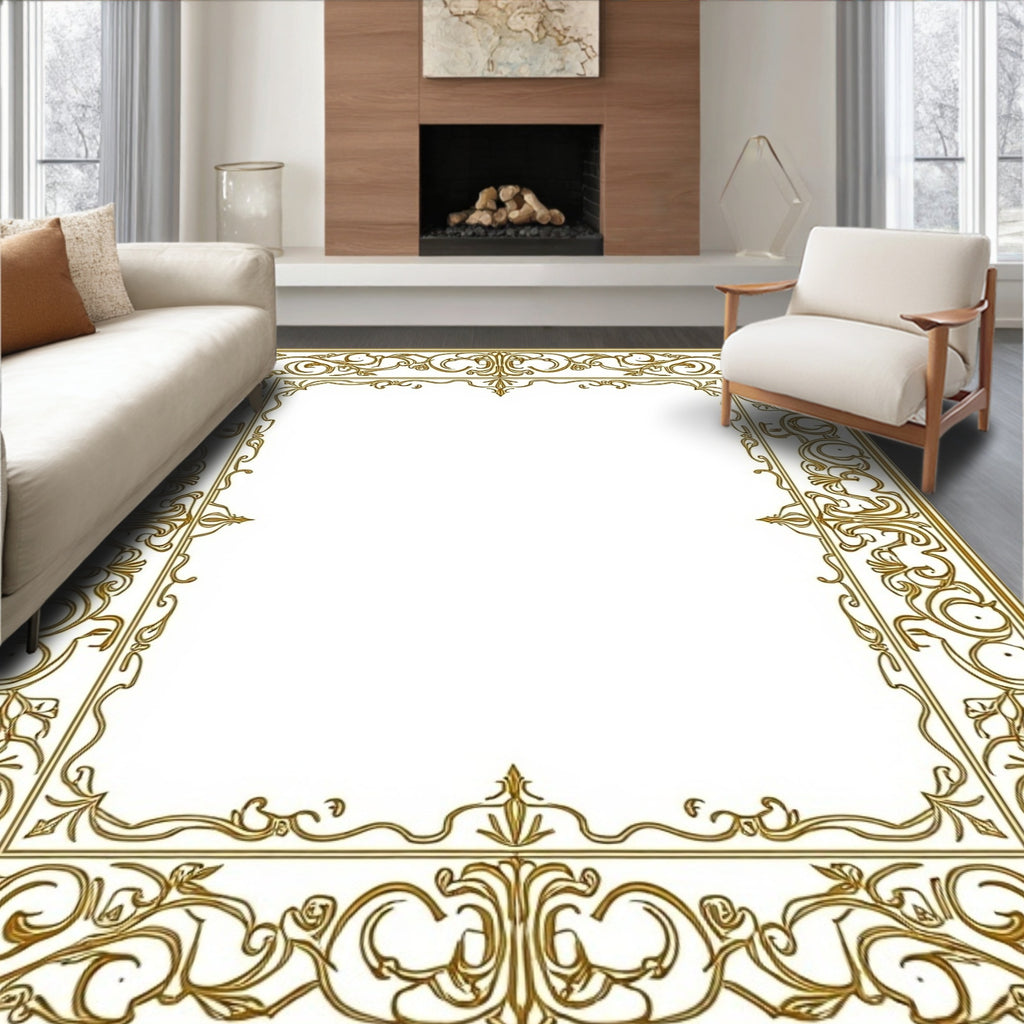 Ornate Gold Floral Scroll Border Rug