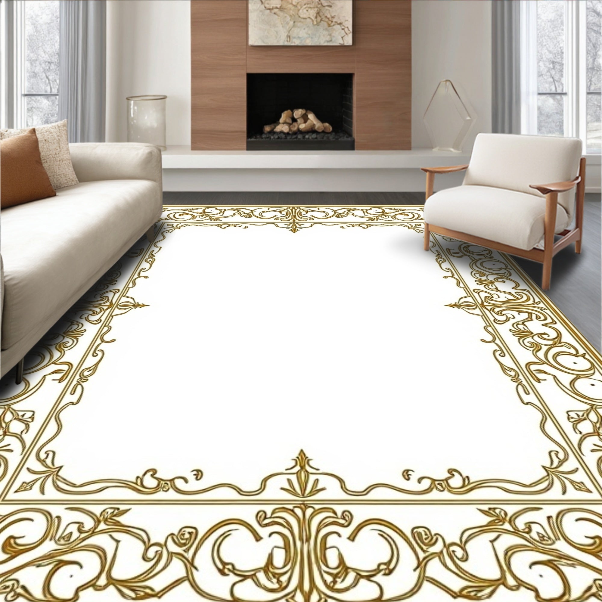Ornate Gold Floral Scroll Border Rug