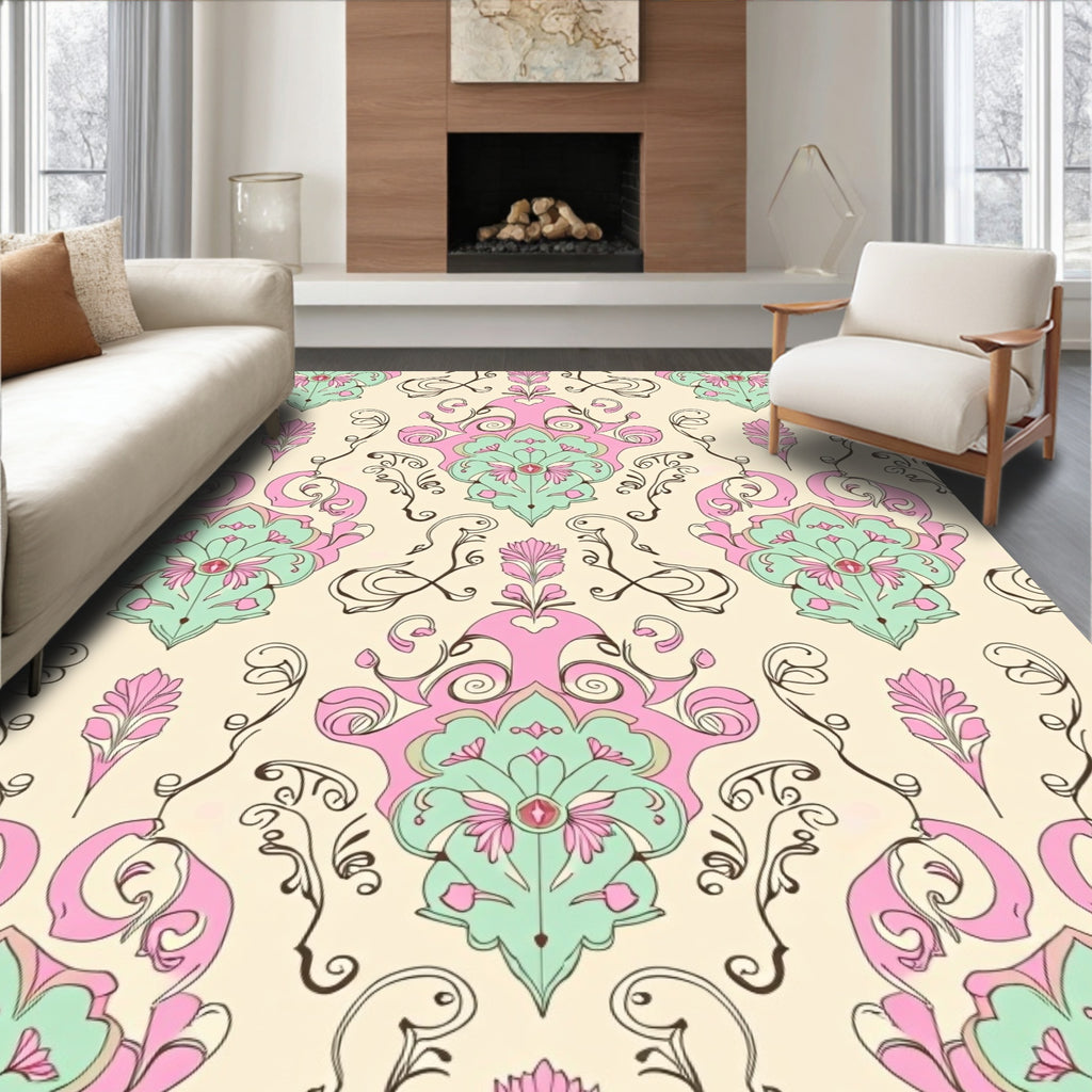 Pastel Damask Floral Swirls Pattern Rug