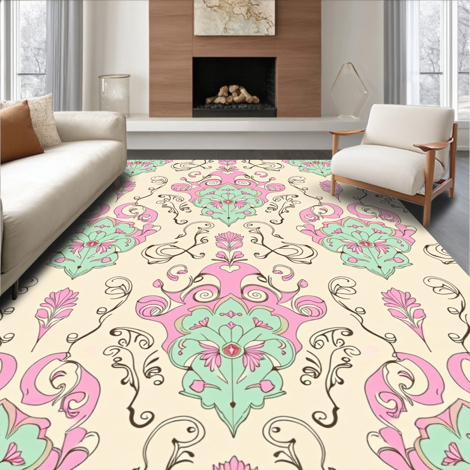 Pastel Damask Floral Swirls Pattern Rug