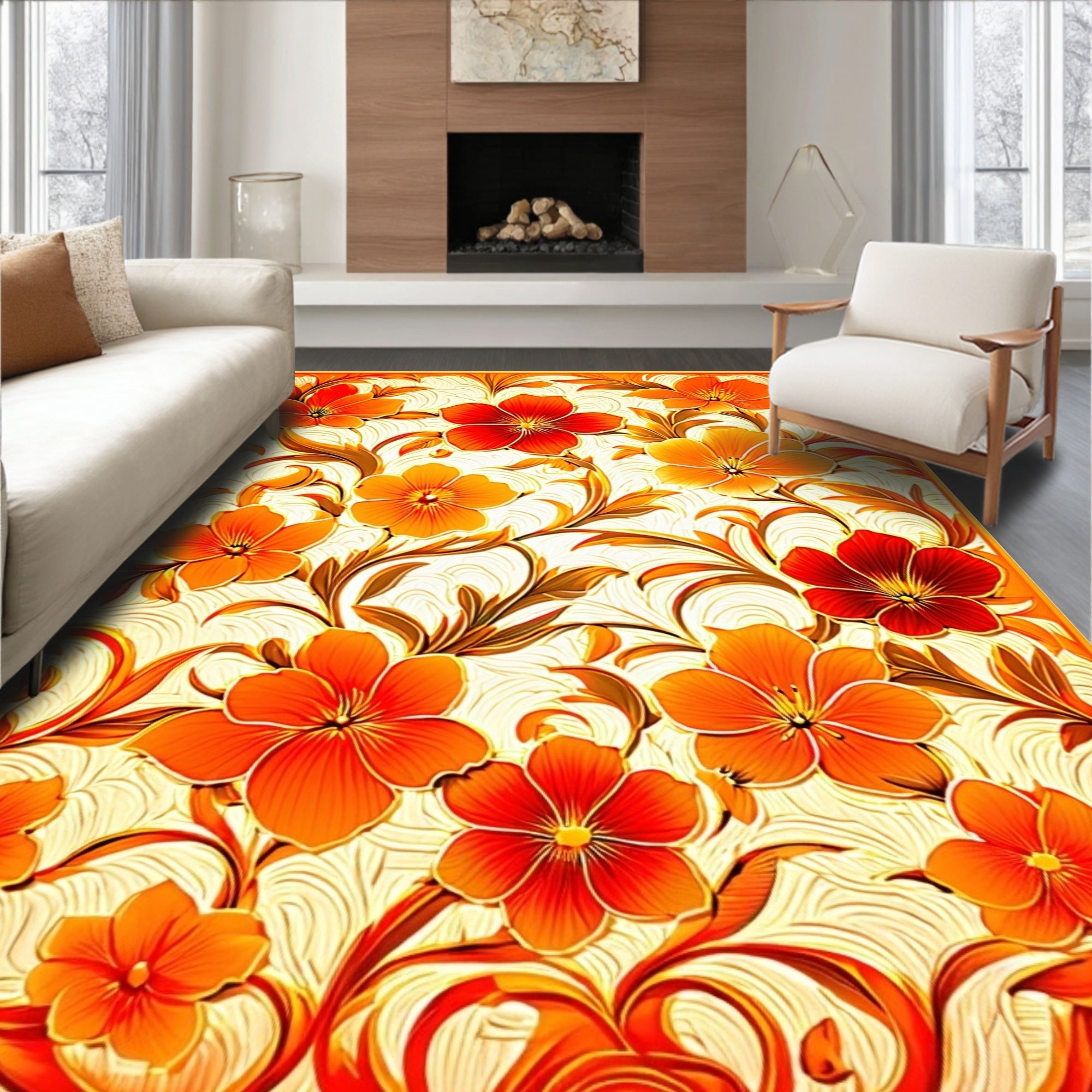 Vivid Floral Pattern Orange Design Rug
