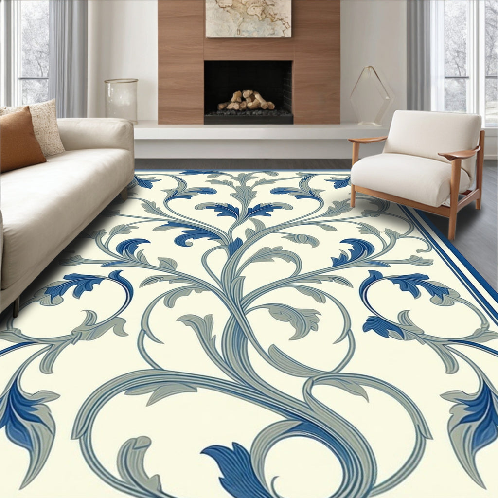 Classic Blue Floral Scroll Design Rug