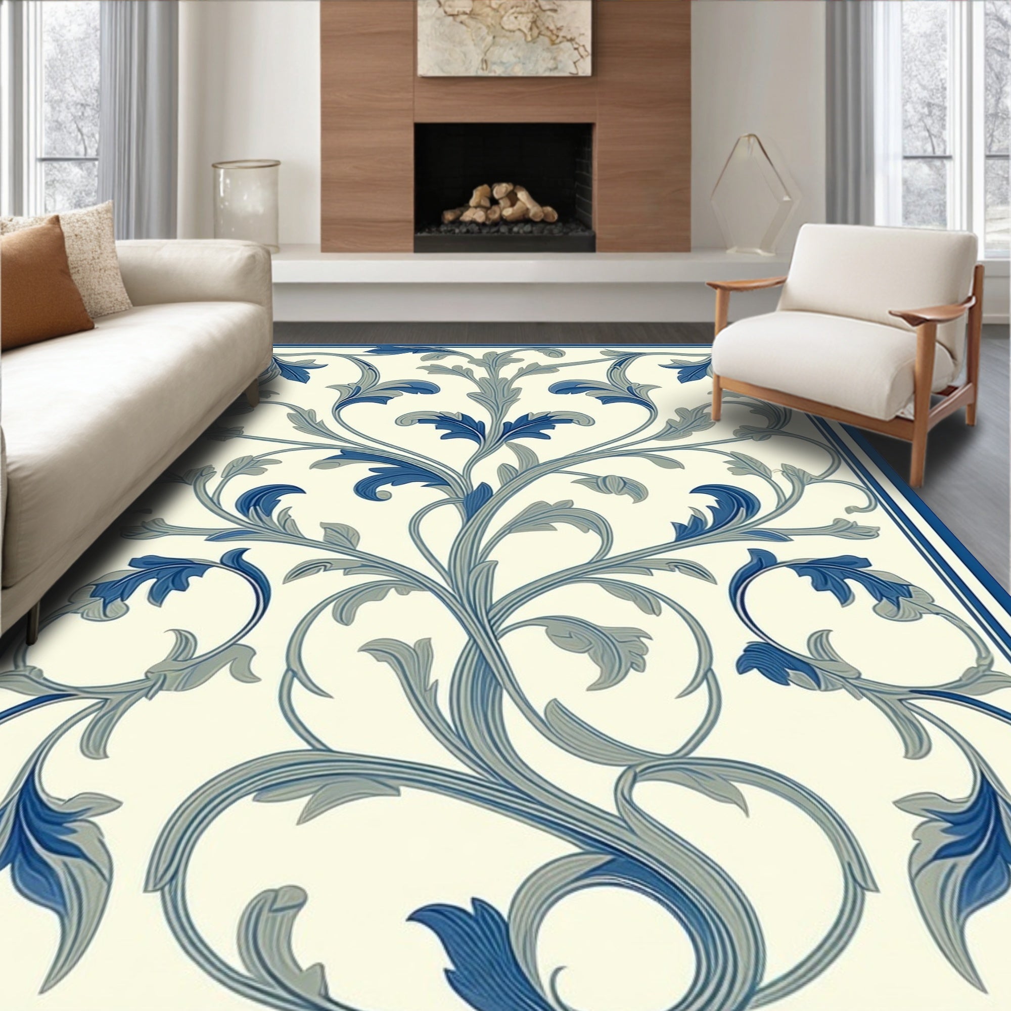 Classic Blue Floral Scroll Design Rug