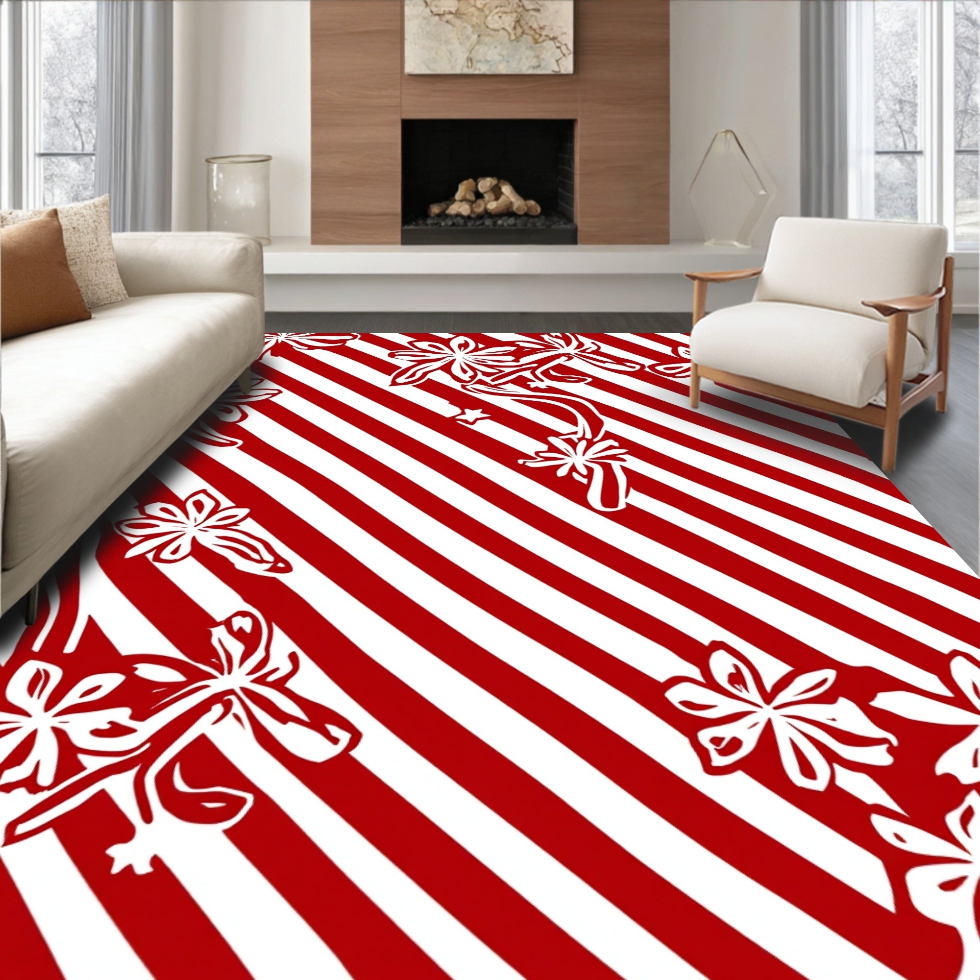 Red White Floral Striped Whimsical Design Rug
