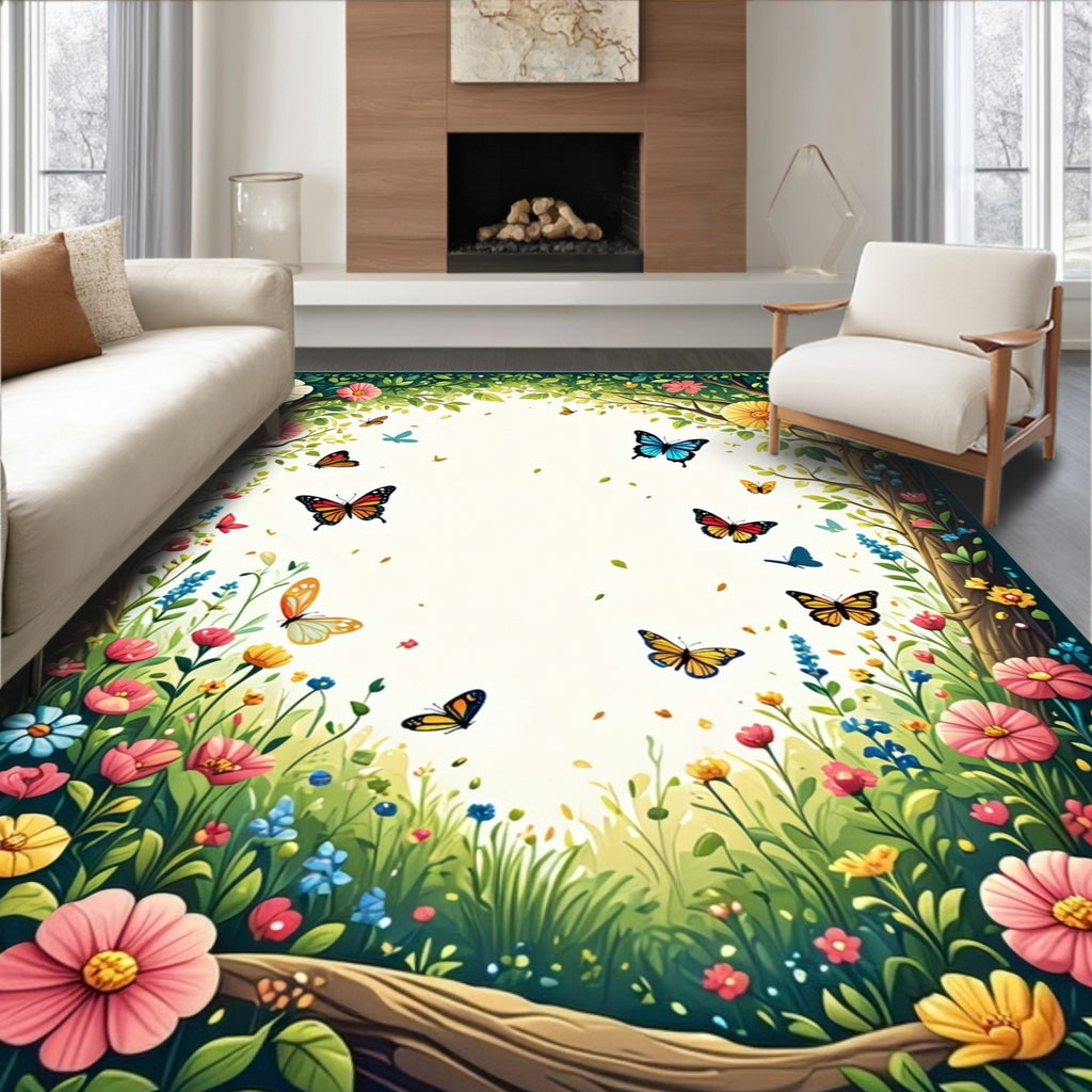 Whimsical Floral And Butterfly Garden Rug
