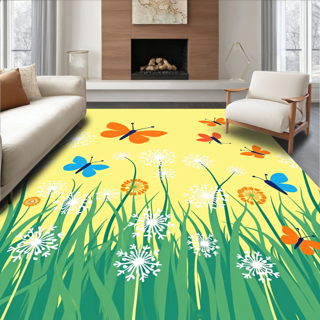 Whimsical Butterflies Floral Field Pattern Rug