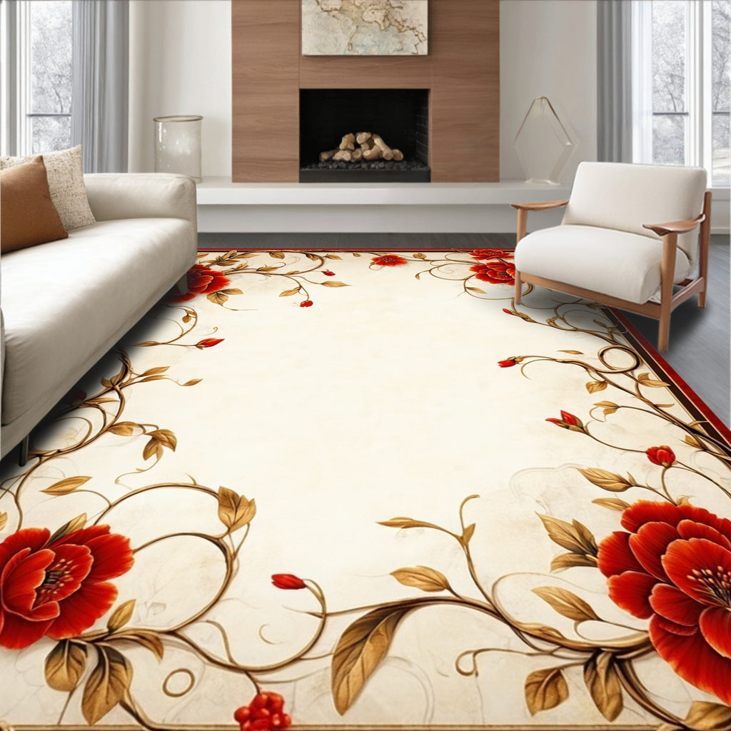 Red Floral Vine Pattern Scroll Rug