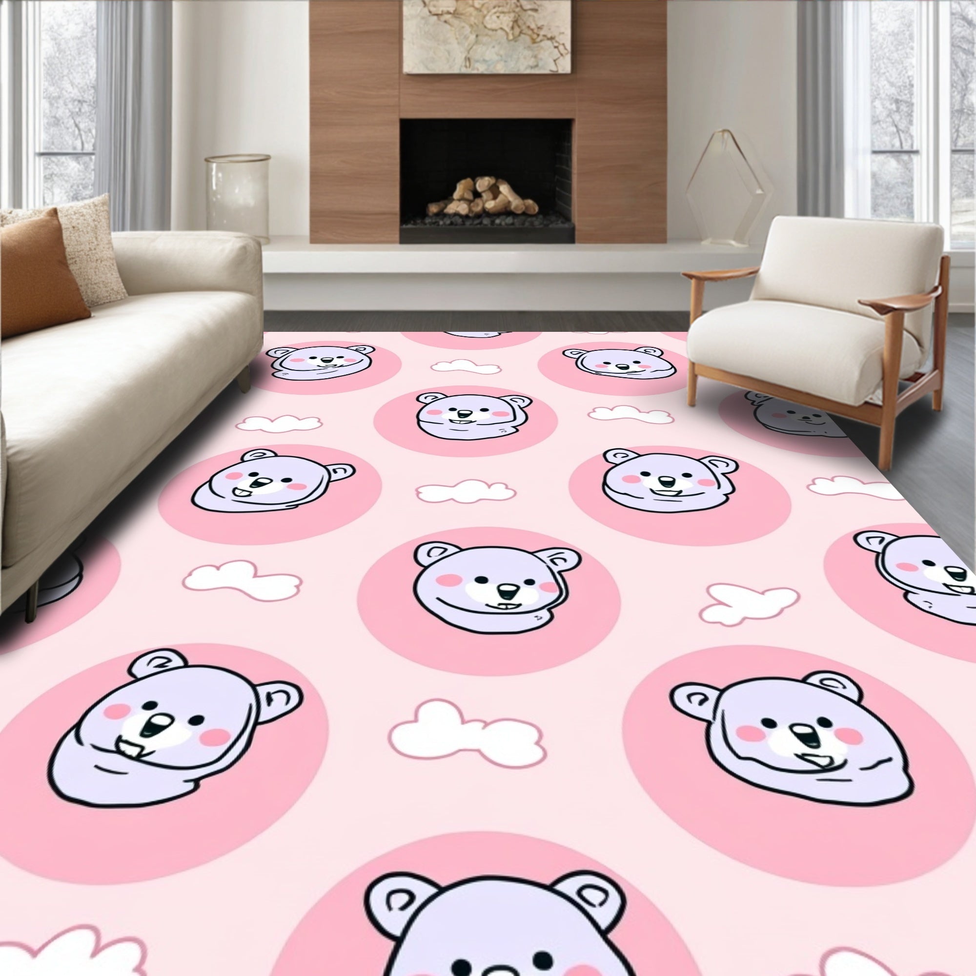 Cute Purple Bear With Clouds Pattern Rug