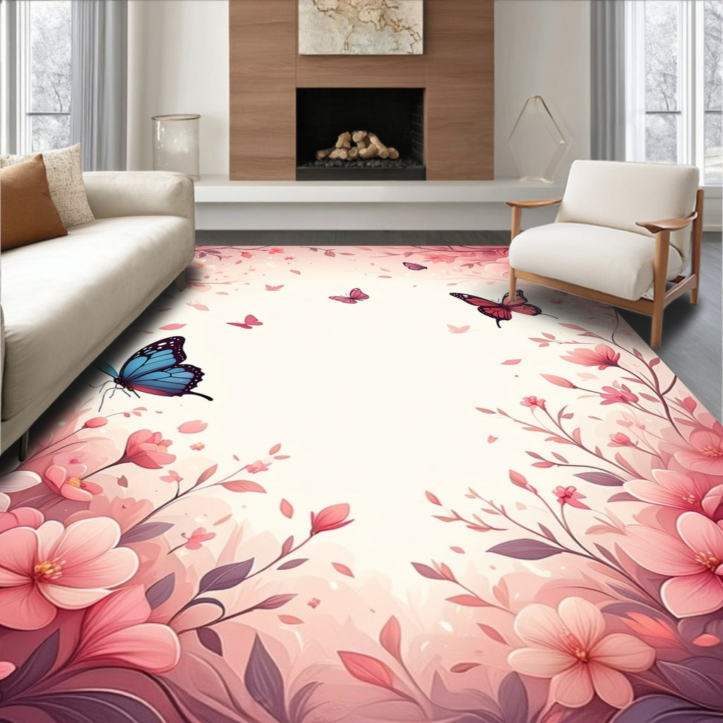 Pink Floral Butterflies Garden Scene Rug
