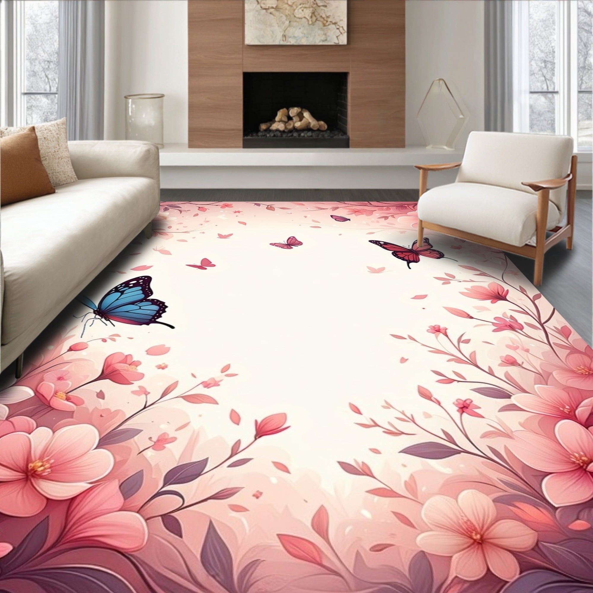 Pink Floral Butterflies Garden Scene Rug