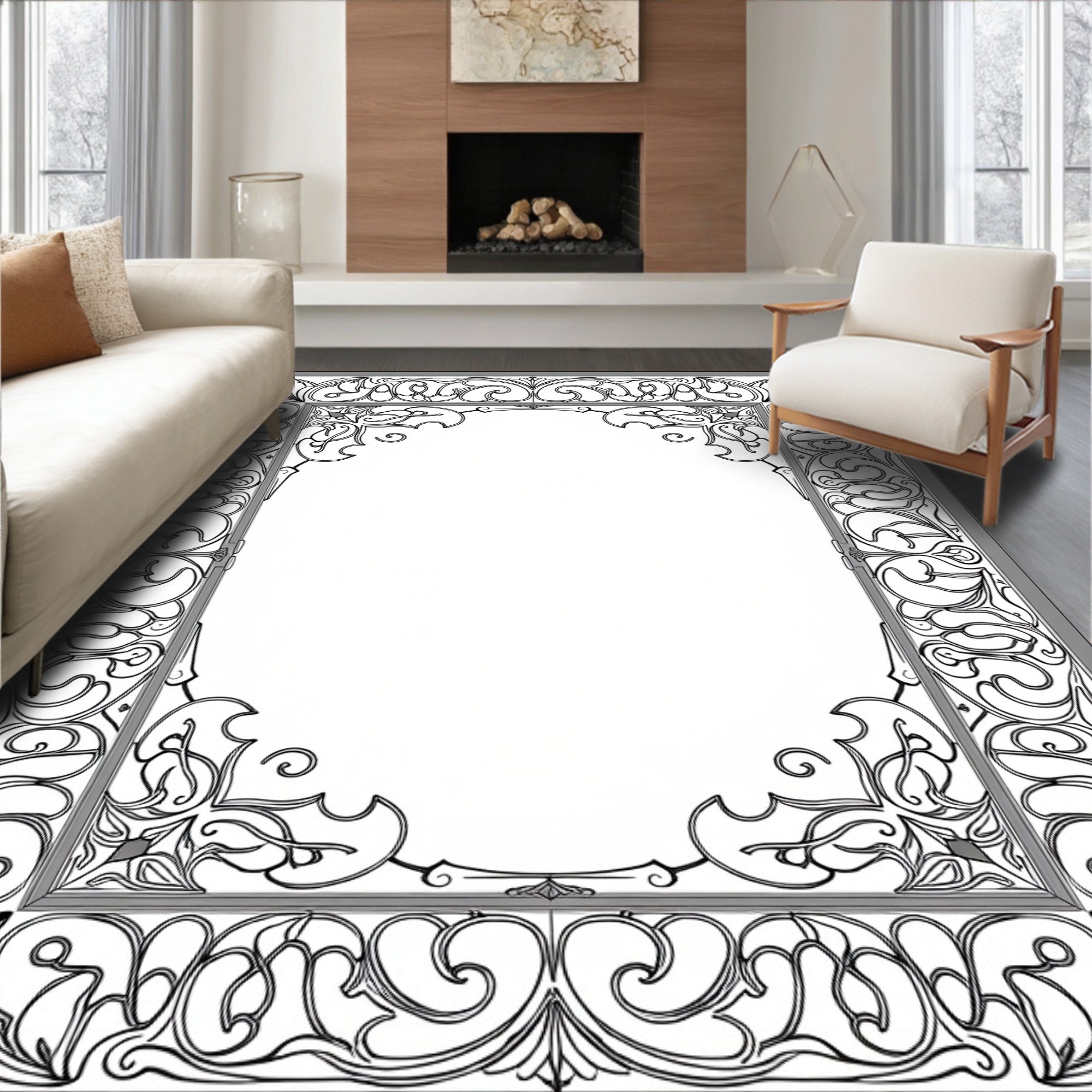 Victorian Black Lace Scroll Border Rug