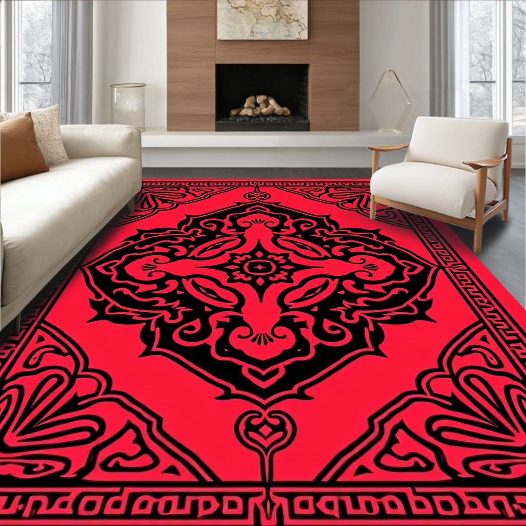 Bold Red Black Mandala Design Rug
