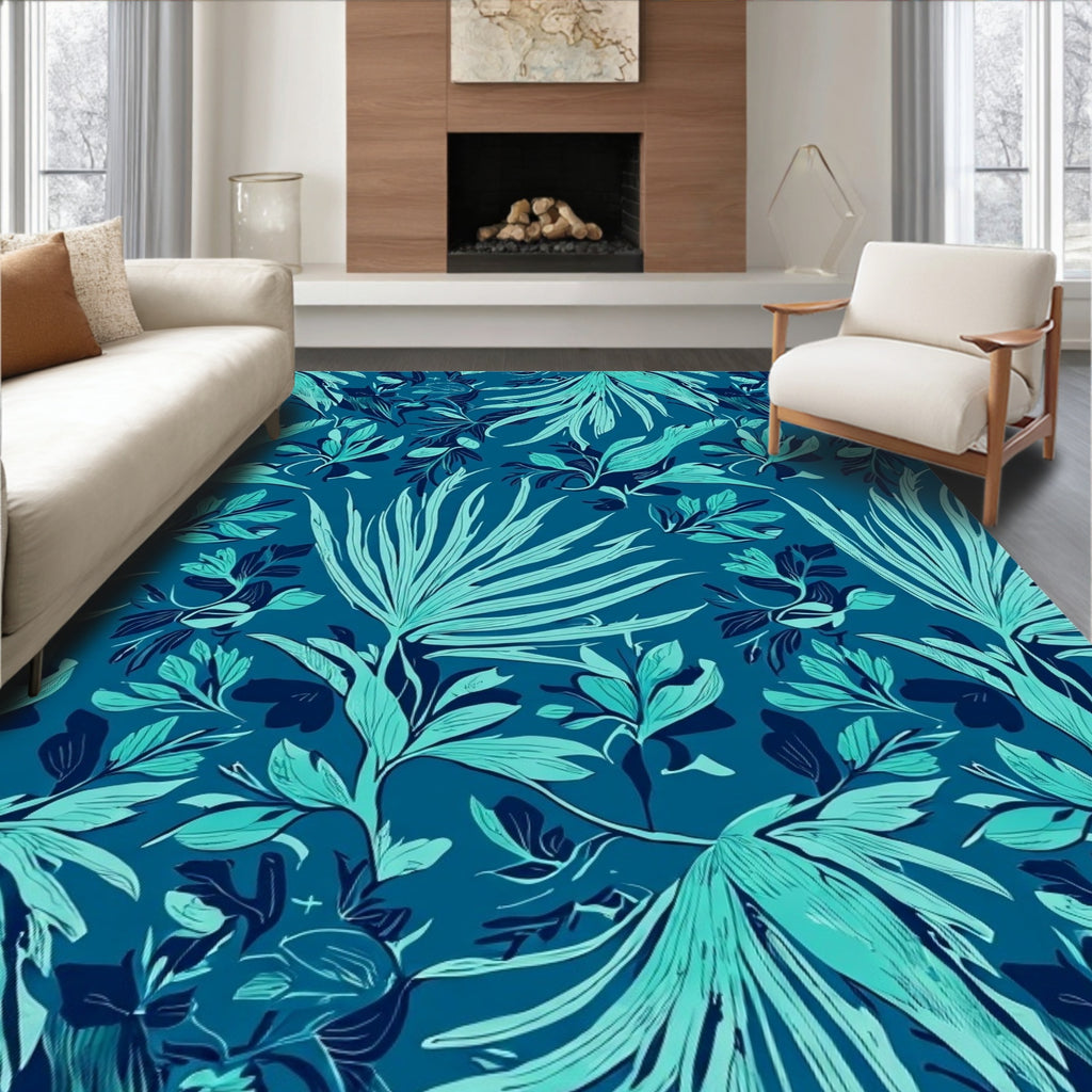 Tropical Leaf Patterned Teal Rug