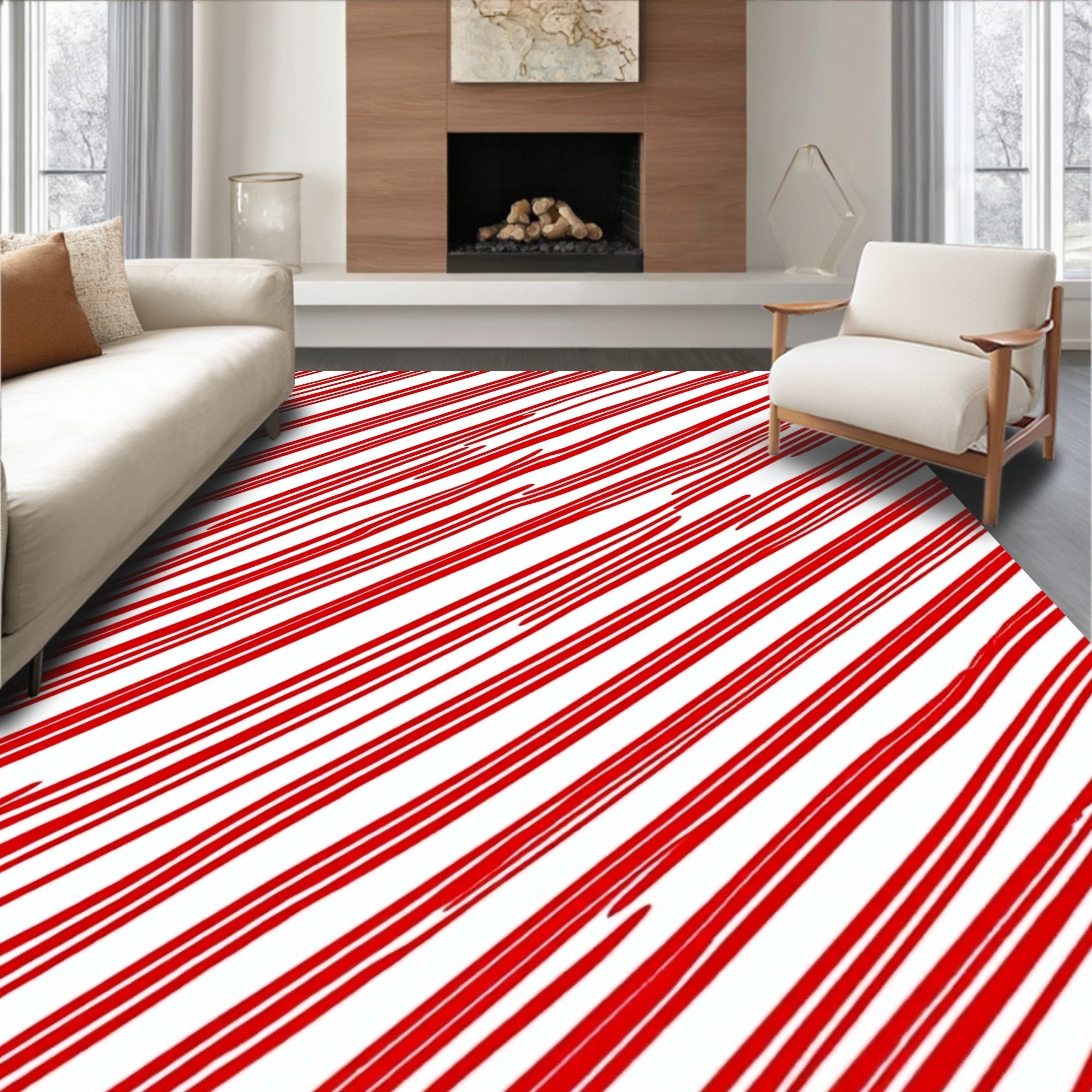 Red White Diagonal Stripe Rug