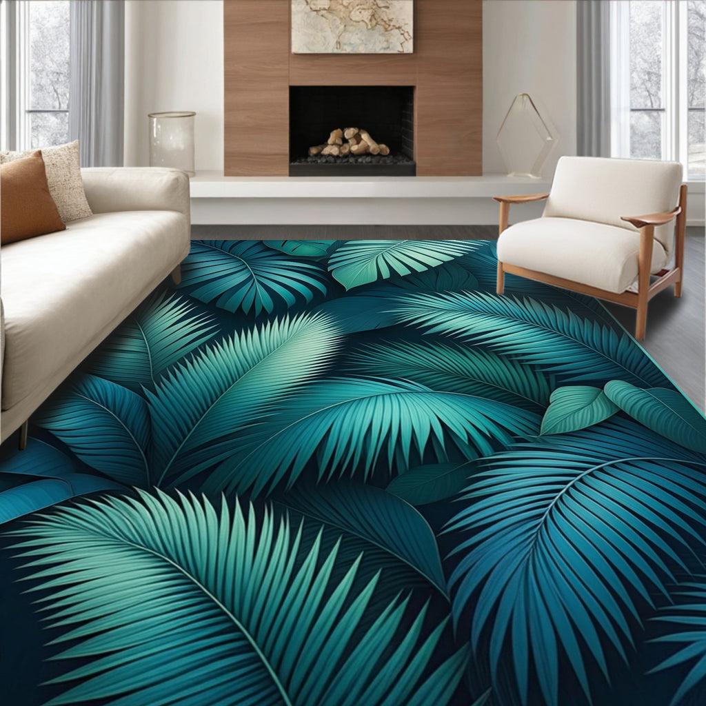 Deep Teal Tropical Leaf Pattern Rug