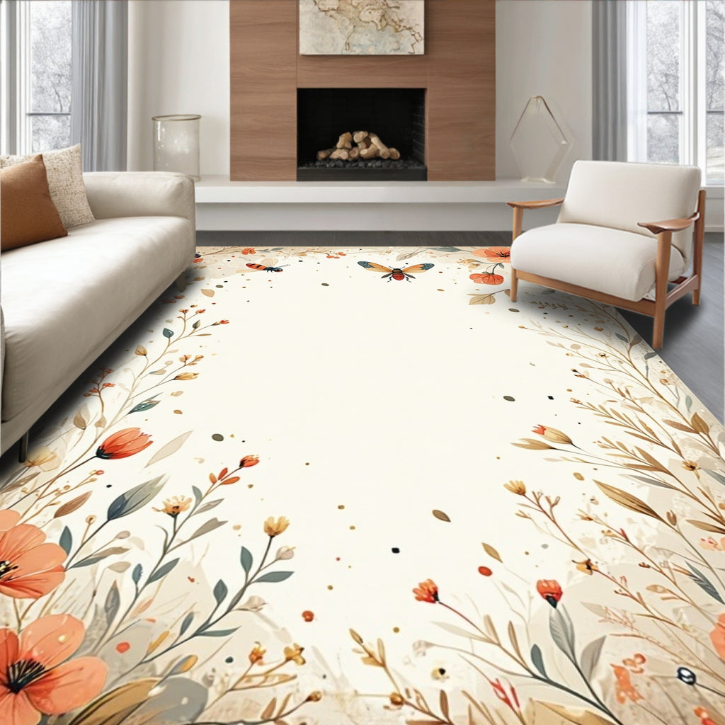 Delicate Floral Meadow Insect Pattern Rug
