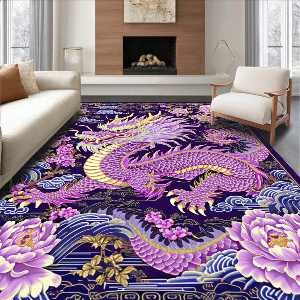 Majestic Dragon Peony Floral Pattern Rug