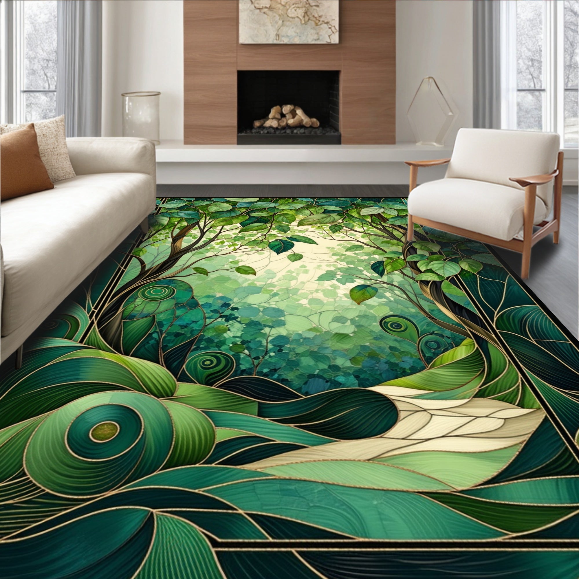 Art Nouveau Emerald Forest Pattern Rug