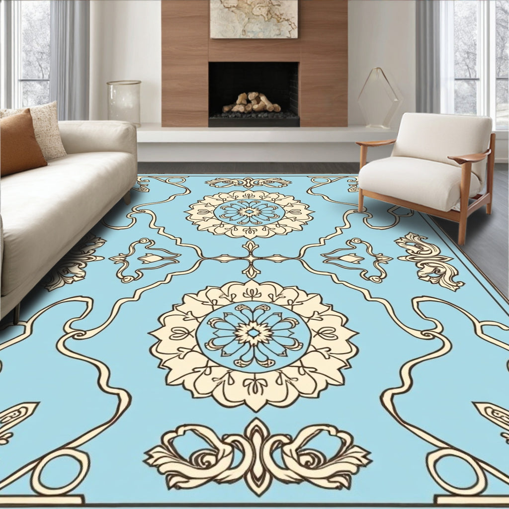 Light Blue Floral Medallion Motif Rug