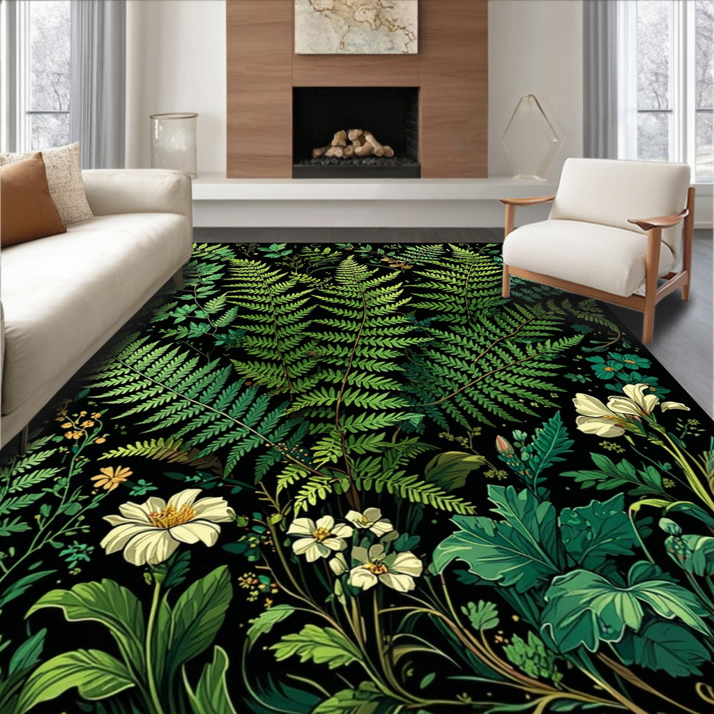 Vibrant Green Fern Floral Garden Design Rug