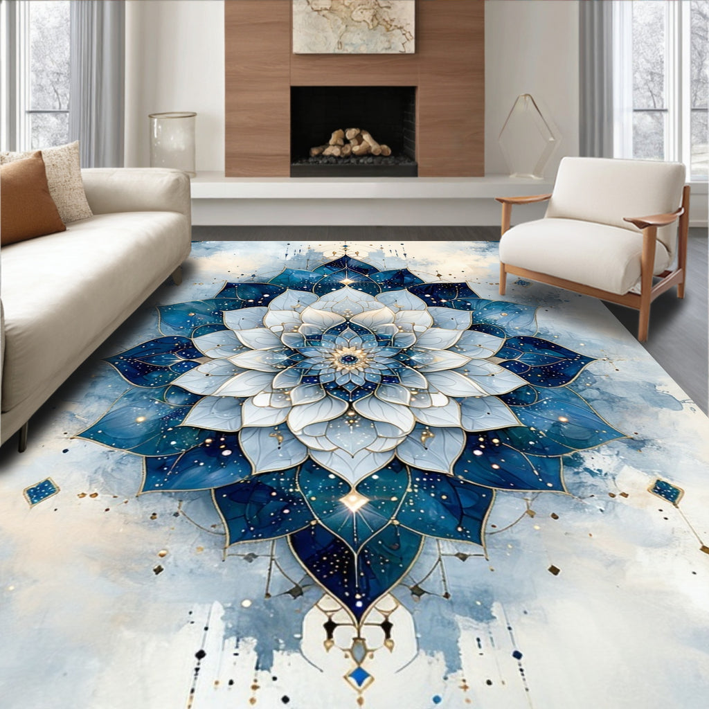 Celestial Blue Mandala With Gold Accents Rug