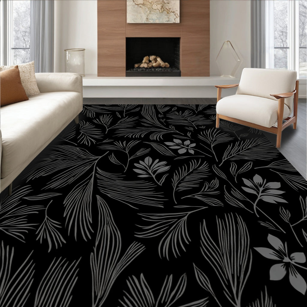 Dark Gray Leafy Pattern Rug