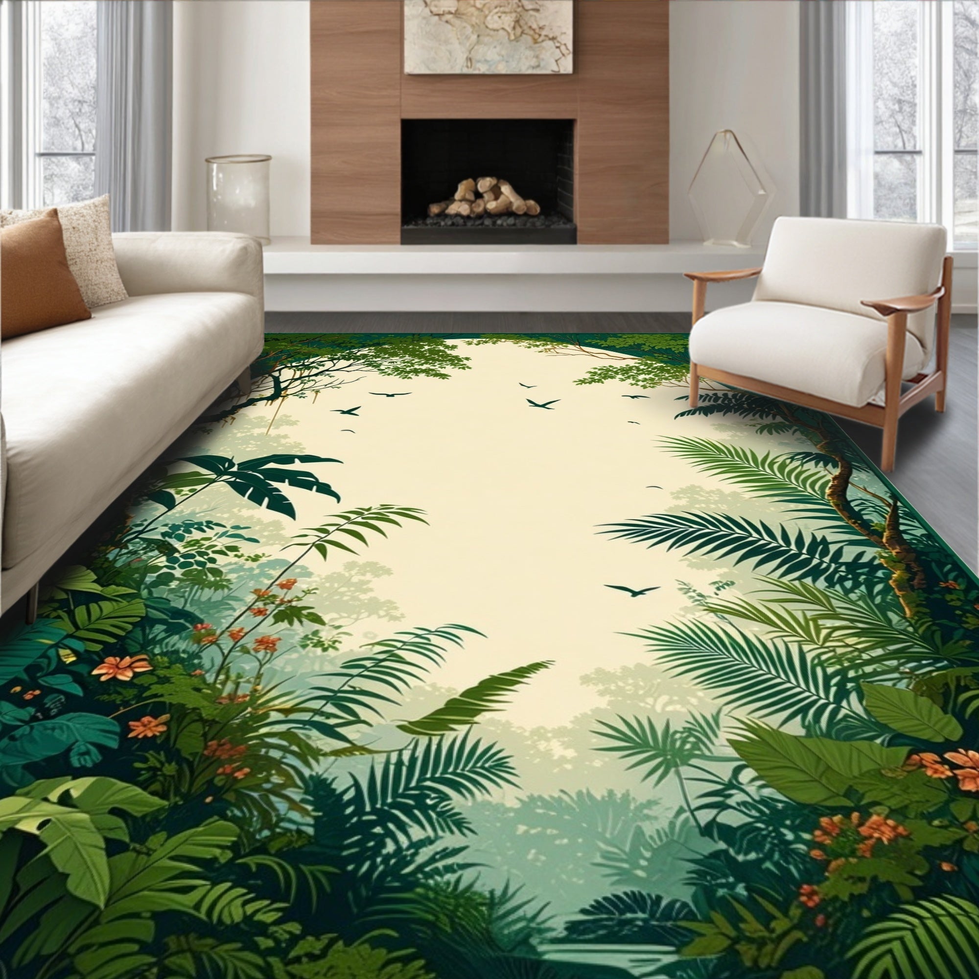 Lush Jungle Scene Tropical Woodland Design Rug