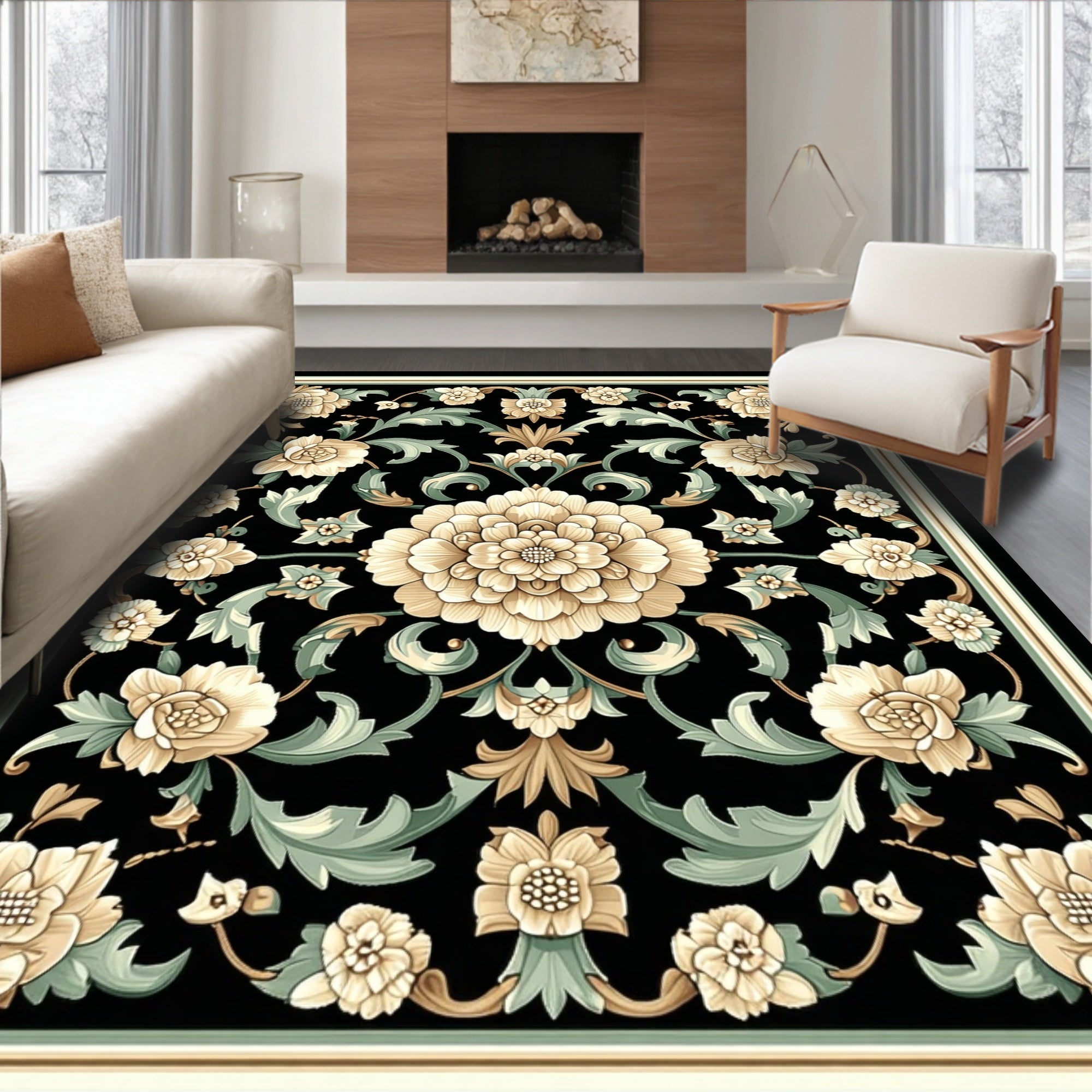 Classic Floral Swirls Beige and Green Rug