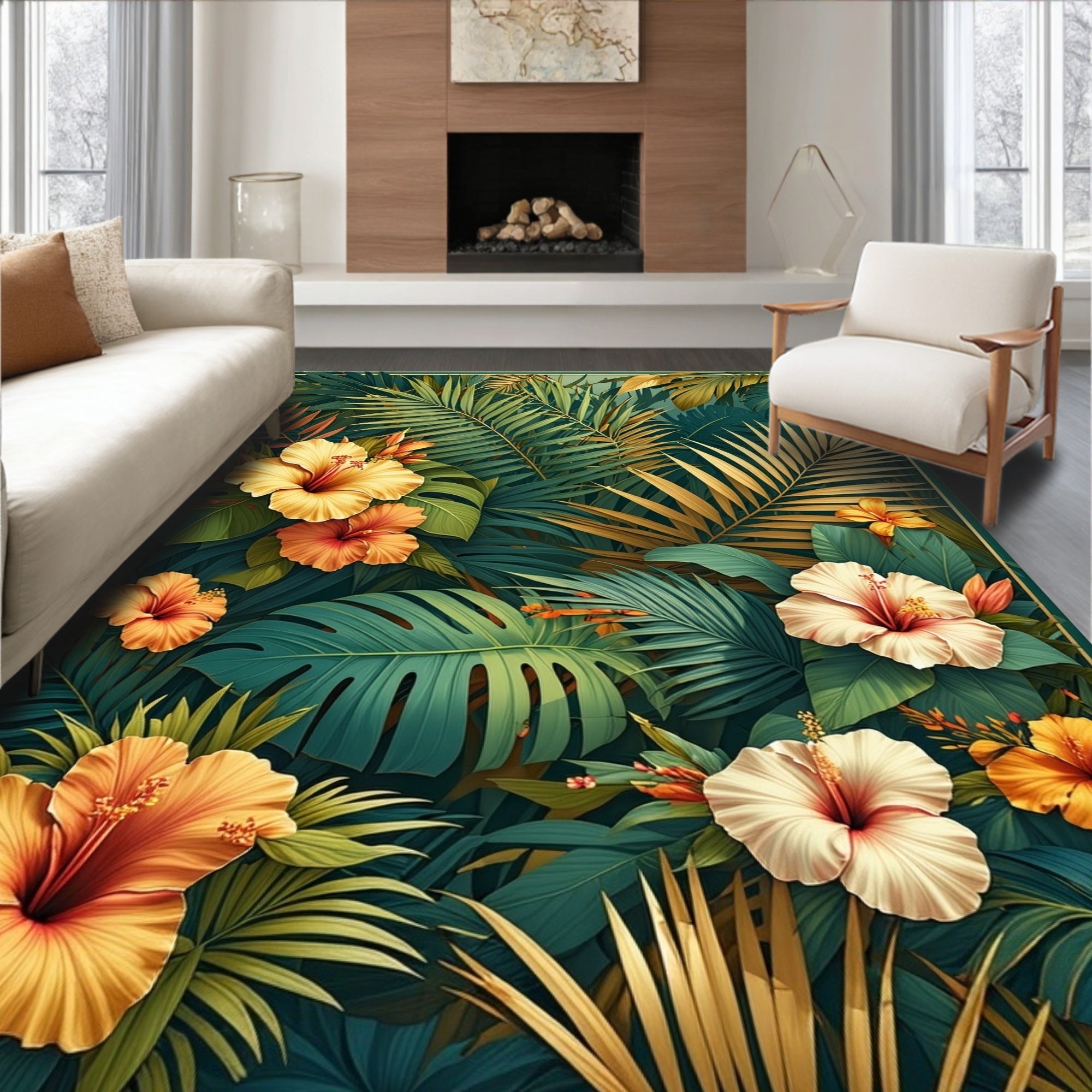 Lush Tropical Hibiscus Foliage Pattern Rug