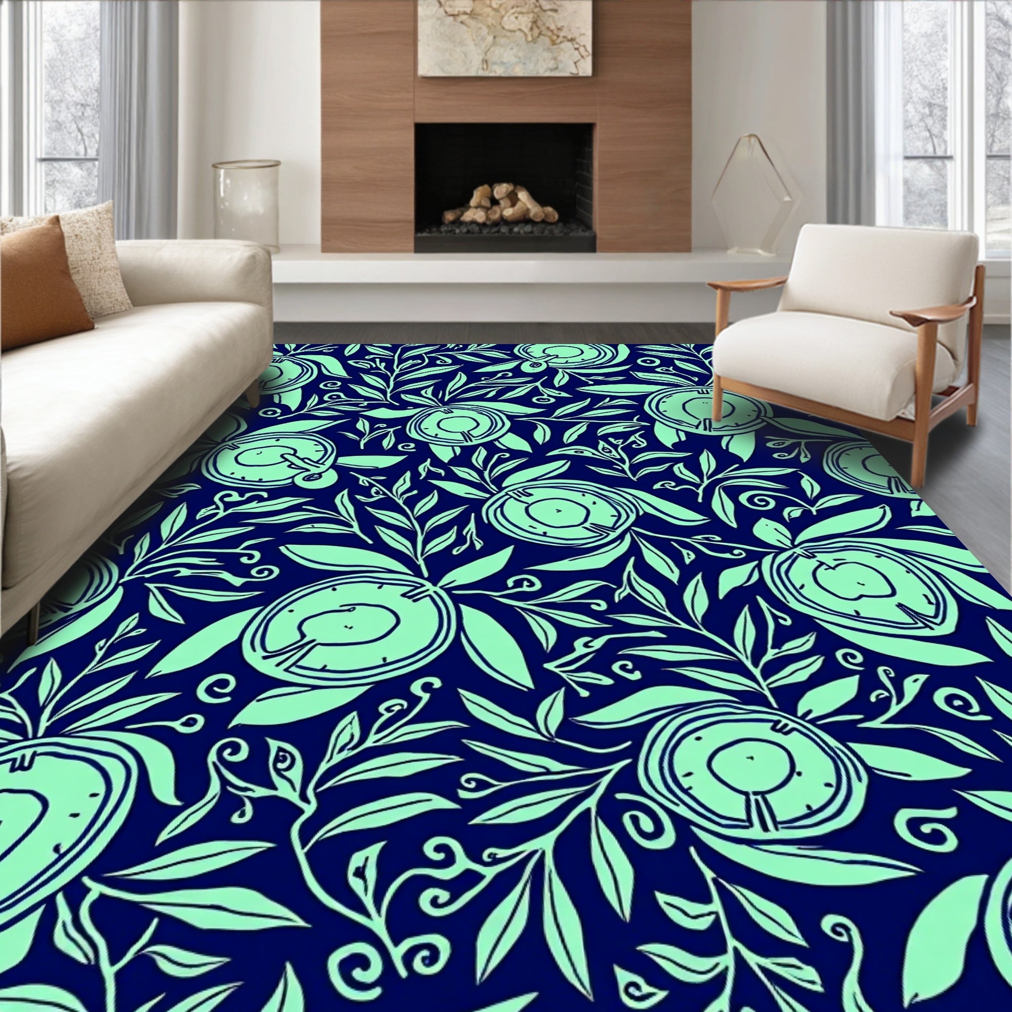 Dark Navy Mint Fruit And Leaf Pattern Rug