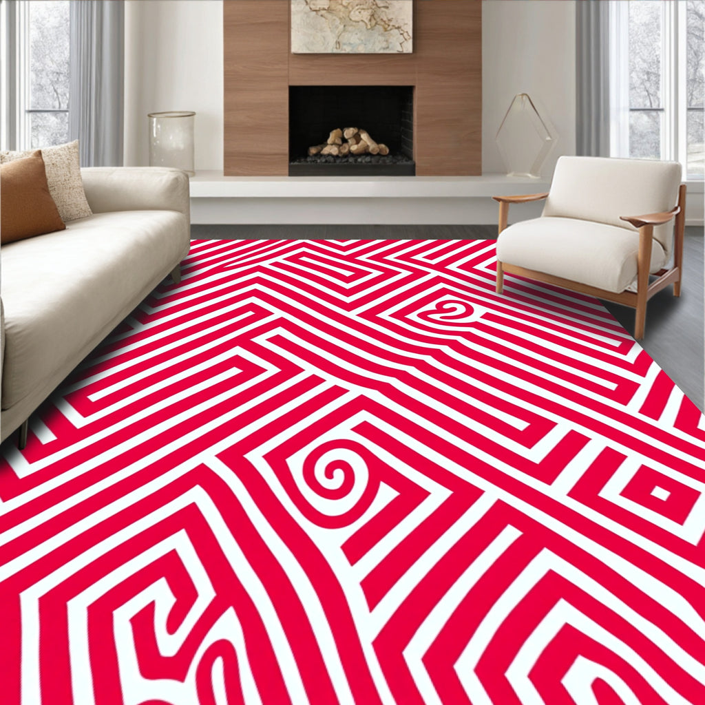 Bold Red Geometric Labyrinth Rug