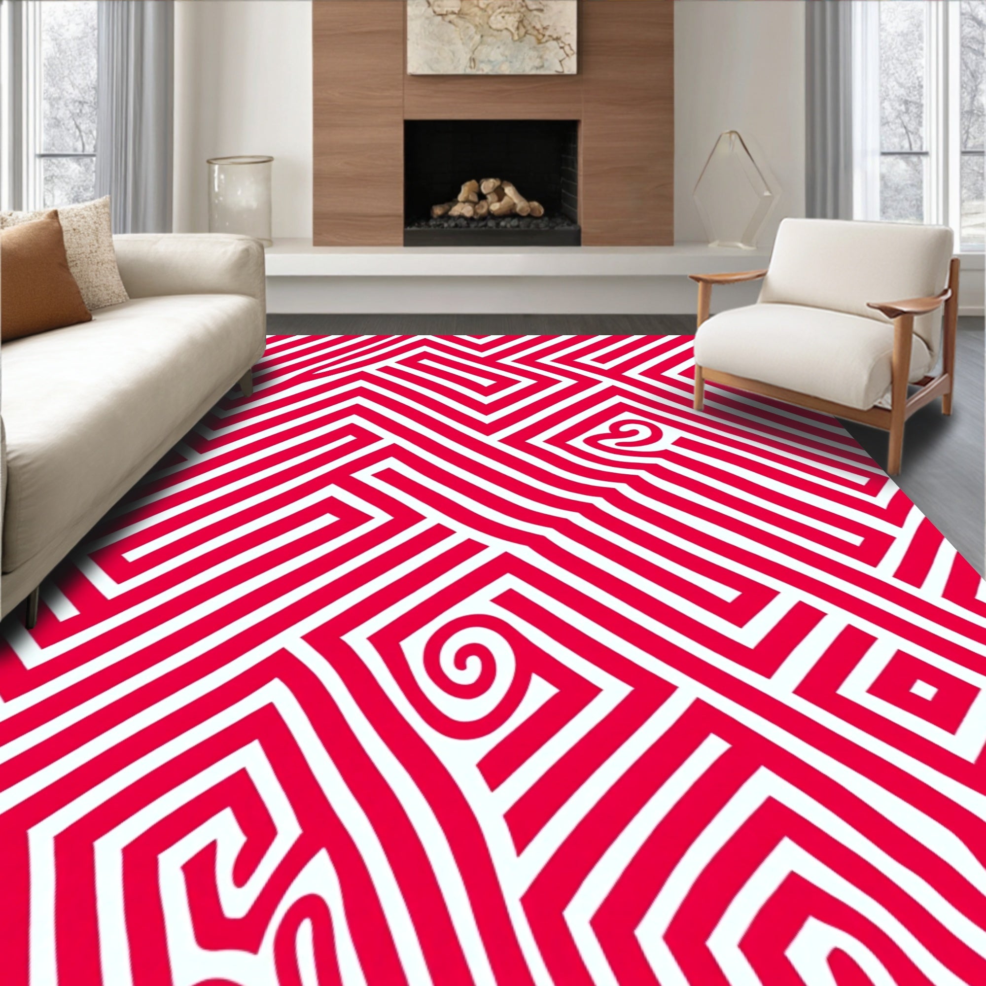 Bold Red Geometric Labyrinth Rug