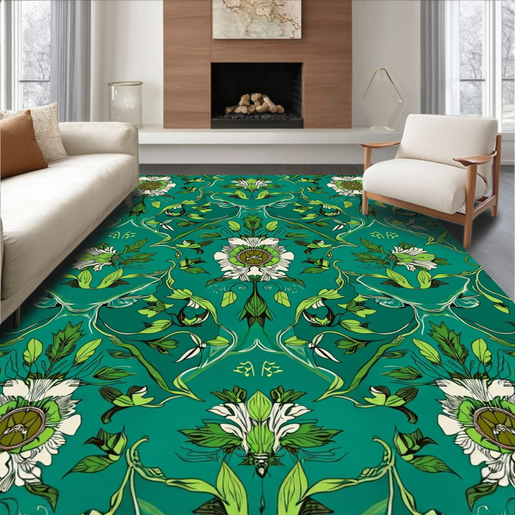 Emerald Floral Art Nouveau Pattern Rug